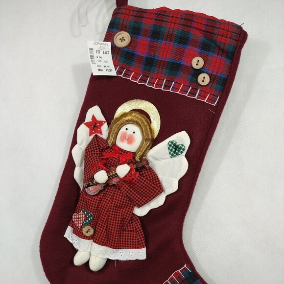 World Bazaars 3D Angel Red Plaid Christmas Stocking Singing Silent Night NEW - Picture 2 of 5